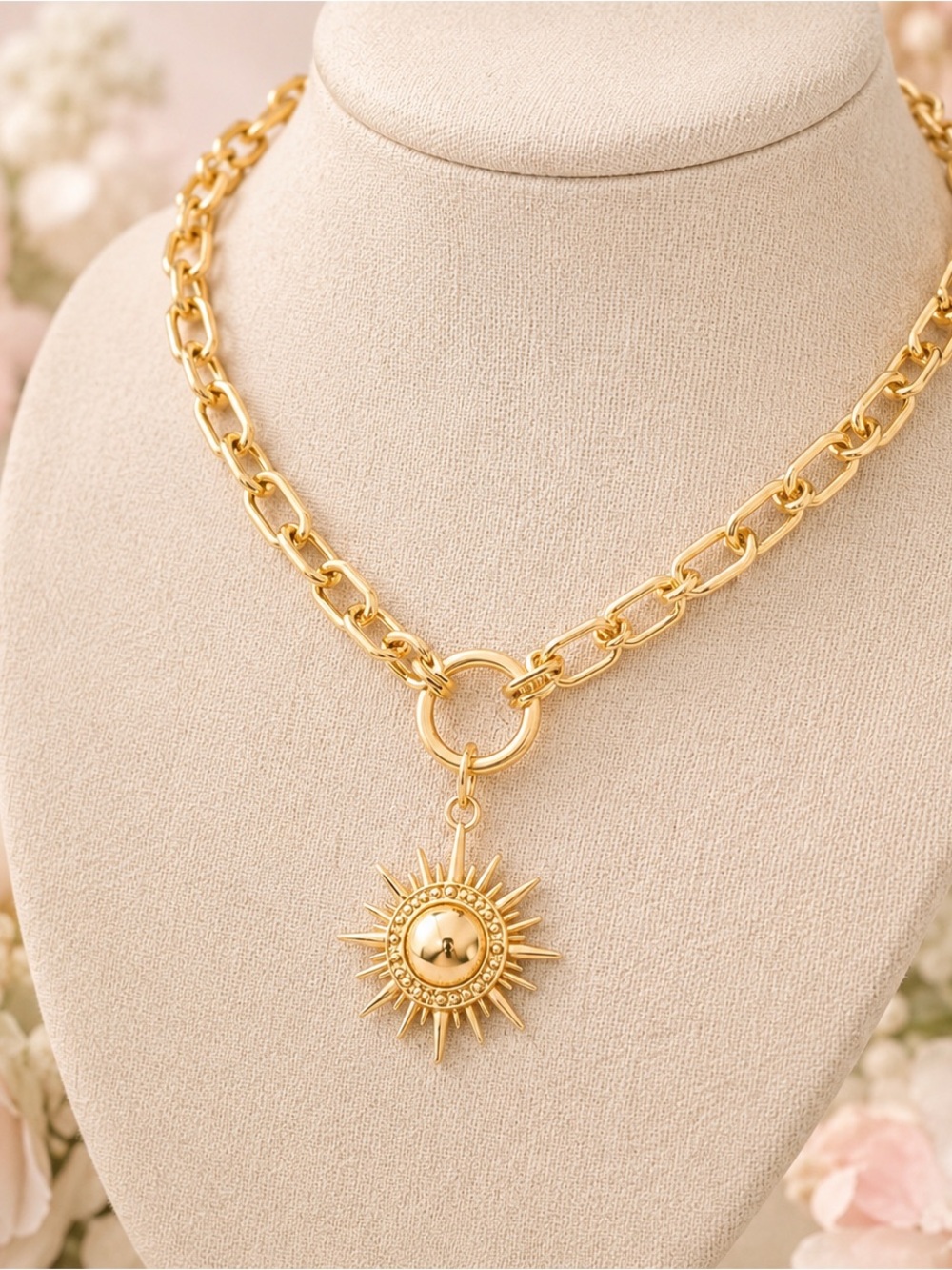 Gold Sunburst Pendant Chunky Chain Necklace - Women Jewelry